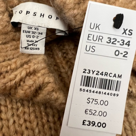 NWT Topshop tan amber funnel mock neck button shoulder fuzzy chunky sweater XS - Picture 14 of 15